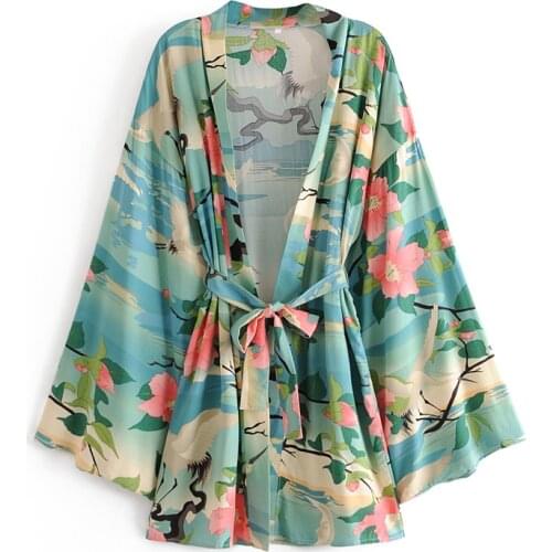 Boho Vintage Green Crane Floral Print Sashes Women Bohemian V Neck Batwing Sleeves Happie Blouses Robe Kimono