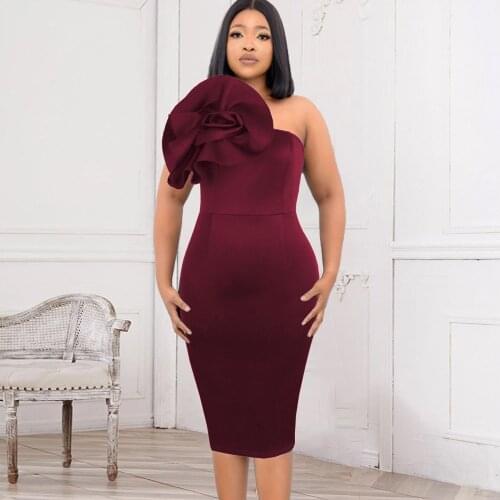 Women Elegant Slim Dress Flower Strapless Solid Bodycon Midi Dresses Sexy Fashion Evening Party 2021 New Summer Female Robes