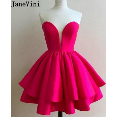 JaneVini 2019 Short Prom Dresses Satin Hot Pink Sexy Sweetheart Party Dress Knee Length A Line Formal Evening Gowns Gala Jurken