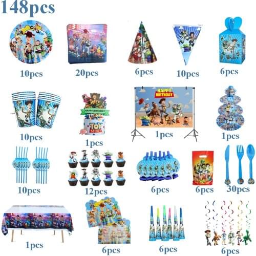148Pcs Toy Story Theme Birthday Party Decorations Supplies Baby Shower Disposable Tableware Set Plates Cups Napkins Tablecloths