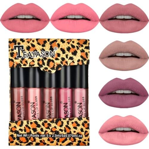 5pcs Matte Velvet Lip Gloss Waterproof Sexy Red Nude Liquid Lipstick Set Long Lasting Lip Tint Glaze Women Makeup Cosmetics