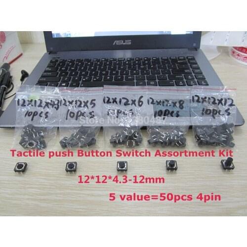 5 value 50pcs 4pin 12x12x4.3-12mm Tactile Push Button Switch, Momentary Tact Switch Assortment Kit