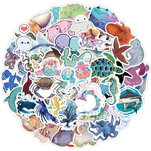 50PCS Marine Animal Stickers For Kids Cute Cartoon Jellyfish Shark Whale Octopus Decal Sticker to Stationery Guitar Bike Car