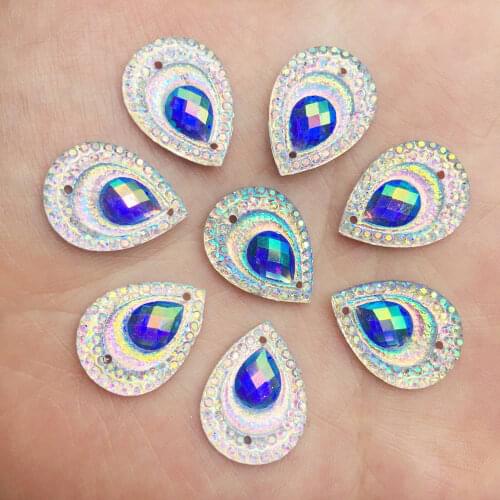 60pcs Shiny 13*18mm drop AB Resin Peacock eye FlatBack Rhinestone Wedding Sewing 2 Hole applique DIY scrapbook Craft SF687*2