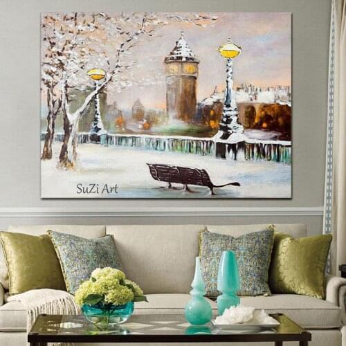 Abstract Landscape Painting Building Trees Streetlight Oil Painting 100% Hand Painted On Canvas Handmade Wall Art For Home Decor