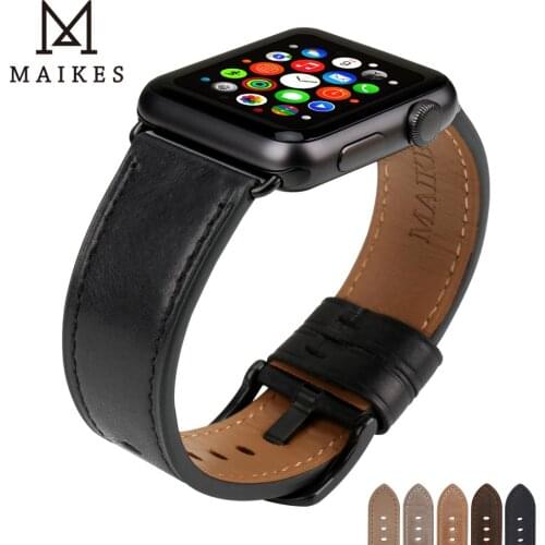 MAIKES Genuine Leather Watch Accessories iwatch Bands 44mm 42mm For Apple Watch Band 40mm 38mm Black Watch Strap Bracelets