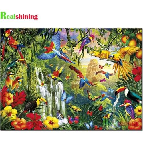 5D DIY diamond painting Cross Stitch Jungle Waterfalls World of parrots full Diamond Embroidery sale Animals painting N2115