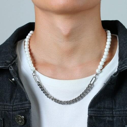 Fashion 8mm Pearl Beads Chain Necklaces for Men Stainless Steel Metal Cuban Chain Punk Gothic Male Collar Gifts Jewelry