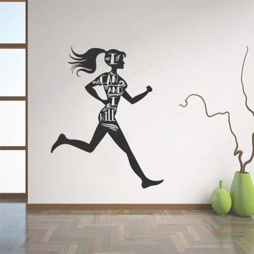 Black sport girl vinyl decals for gym motivational words runner health wall sticker home decoration sportDecal for kid roomHL240