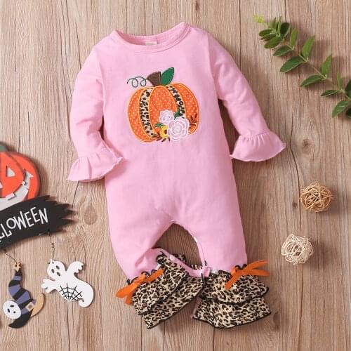 Toddler Halloween Jumpsuit Cute Bat/Pumpkin Pattern Long Sleeve Flared Jumpsuit with Buttons for Baby Girls 0-18 Months