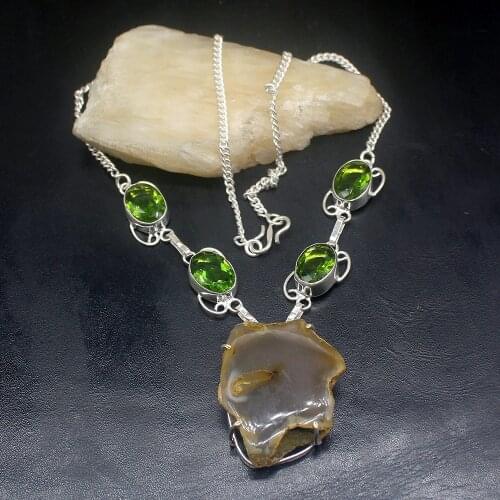 Gemstonefactory Jewelry Big Promotion 925 Silver Natural Druzy Green Peridot Ladies Women Chain Necklace 46cm 202101694