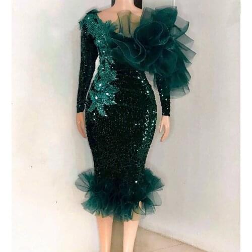 Custom Hunter Green Evening Gowns abiye Sequin Bead Full Sleeves Evening Dress Peplum Ruffles Evening Dresses robe de soiree
