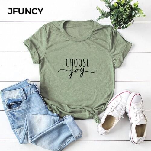 JFUNCY Choose Joy Print T Shirt Women Summer Shirts 100% Cotton Short Sleeve Woman T-shirt Oversize Casual Female Tees Tops