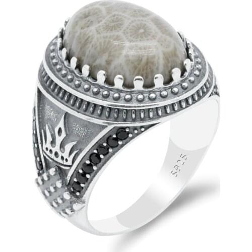 Natural Coral-Stone Ring 100% Real Pure 925 Sterling Silver Ring for Men Black Zircon Stone Castle Punk Style Wedding/Party Ring