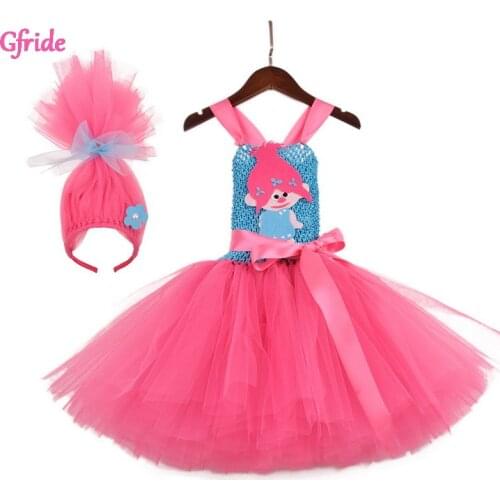 Toddler Girls Troll Costume Tutu Tulle Dress with headband Kids Halloween Cosplay Girl Festival Birthday Party Cartoon Dress