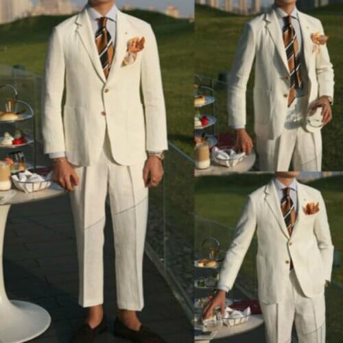 Summer Mens Cream Linen Suits Wedding Tuxedo Formal Slim Fit Two Button Groom Prom Dinner Blazer Suits(Jacket+Pants)