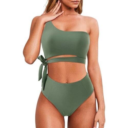 Two Pieces Bathing Suit Bikini Set One Shoulder Bowknot Sleeveless Sling Beachwear Summer Swimwear Casual Brazilian Bikini 2021