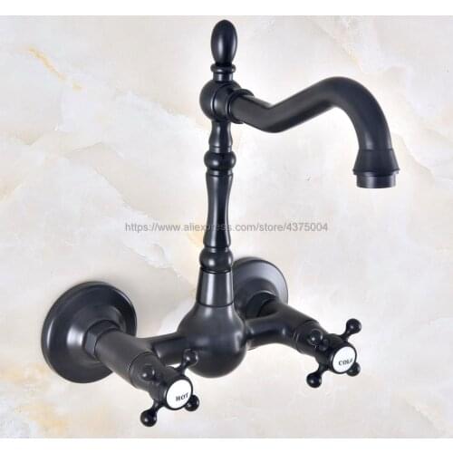 Oil Rubbed Bronze Wall Mounted Swivel Spout Bathroom Sink Faucet Double Handle Mixer Tap Wall Mounted Nnf471