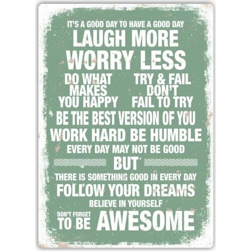 Laugh More Worry Less (Green) - Metal Wall Sign Plaque Art - Love Live Family(Visit Our Store, More Products!!!)