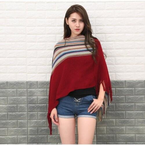 Fashion Womens Winter Knitted Striped Warm Tassels Sweater Cozy Casual Loose Poncho Shawl Wraps for Ladies Soft