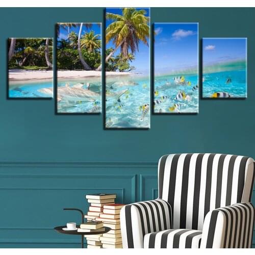 Wall Art Canvas Painting 5 Panel Coconut Trees Beach HD Print Modular Poster Modern Living Room Pictures Home Decor
