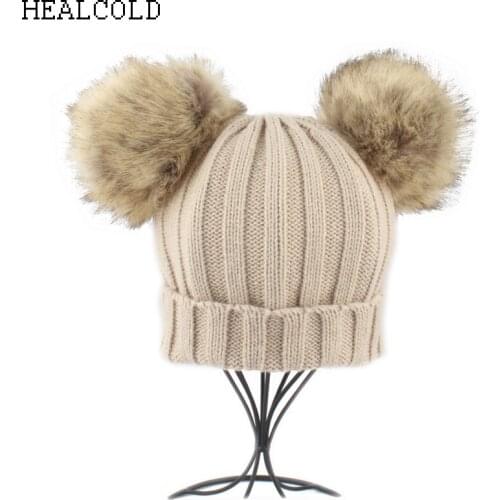 2018 New Girls Winter Hats For Kids Boys Fur Pompones Hat Warm Knit Pom pom Beanie Hat