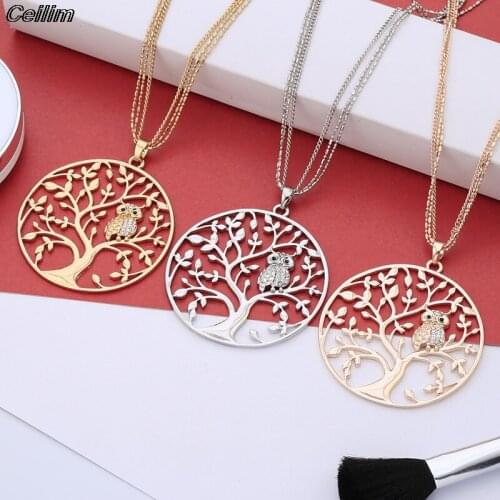Small Owl Necklace Tree Pendant Rose Gold Women Sweater Chain Crystal Long Necklaces & Pendants Statement Jewelry Bijoux 2021
