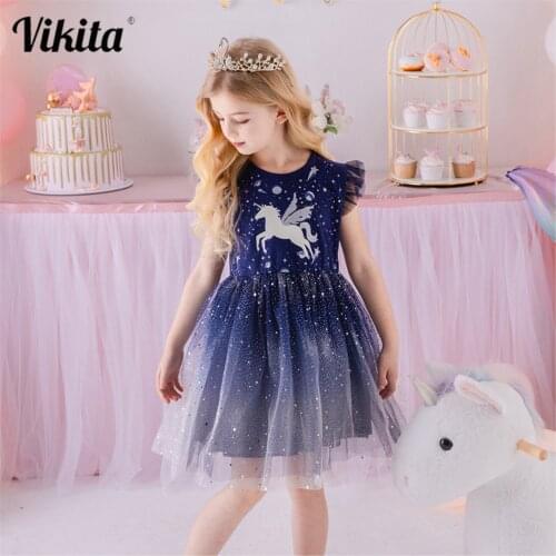 VIKITA Girl Princess Dress Summer Kids Wedding Party Prom Elegant Dresses Kids Unicorn Sequins Dress Children Clothing Vestidos