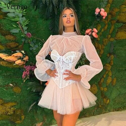 Verngo Stylish Dots Tulle Long Sleeves Wedding Dress High Neck Lace Corset Mini Short Wedding Gowns For Bride Party Formal Wear