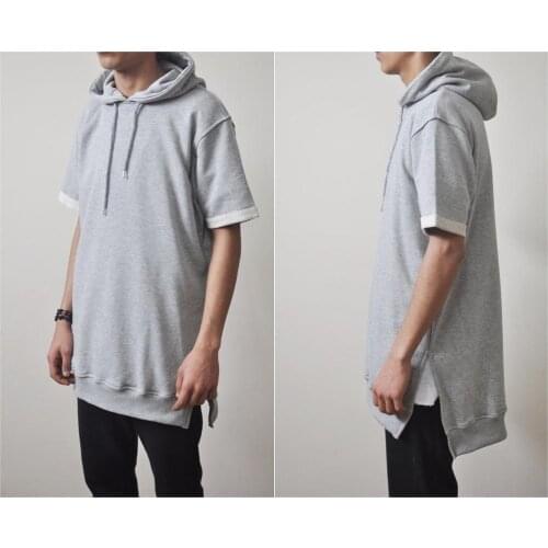 KW Side Slit Short Sleeve Essential Hooded Pullover Sweatshirt / Unsewn Cuffs