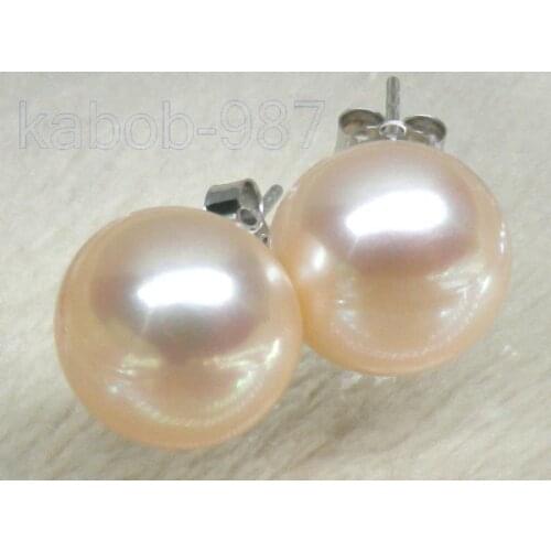 FINE perfect bread AAA+10.5mm pink akoya pearl earring solid 14K/20 white gold