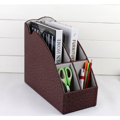 Rack file stand organizer pen holder box4-slot wood leather desktop office file document stationery tray 266B