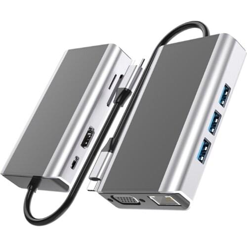 USB-C Type C 3.0 Dock Muiti-Functional 9 in1 Hub VGA RJ45 Lan Charger Compatible with Huawei Dell PD100W HDMI-compatible