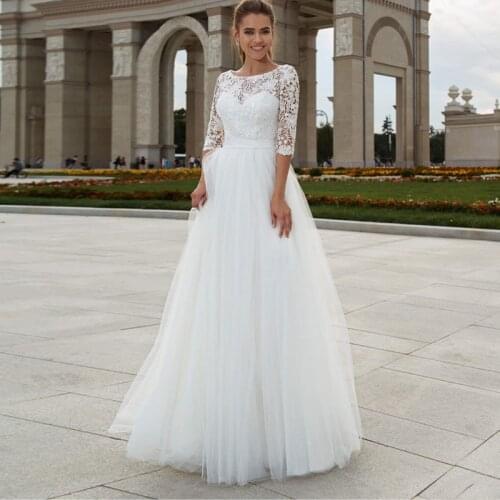 Vintage Wedding Dress 2021 Long 3/4 Sleeves Lace Tulle Bridal Dress A-line with Pleat Belt Floor Length Custom Made