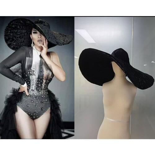 Vintage Evening Party Wide Brim Velvet Hats Women Fashion French Foldable Birthday Prom Cap Club Singer Dancer Stage Accessories