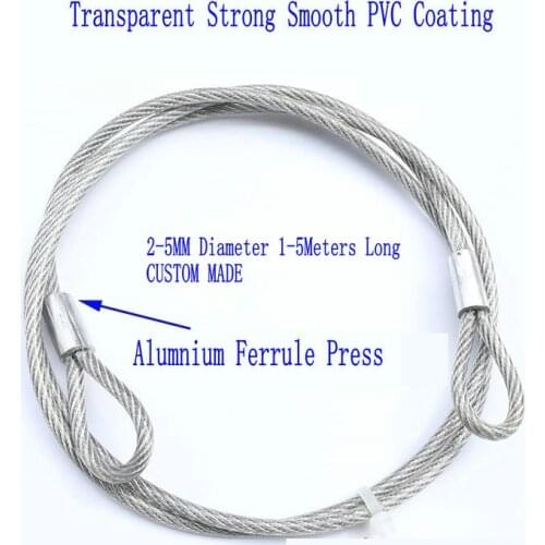 HQ Custom Made 2-5MM Diameter CLEAR PVC COATING Stainless Steel 304 Wire Rope Cable Sling with Ferrule Fastened Eyelets Loops