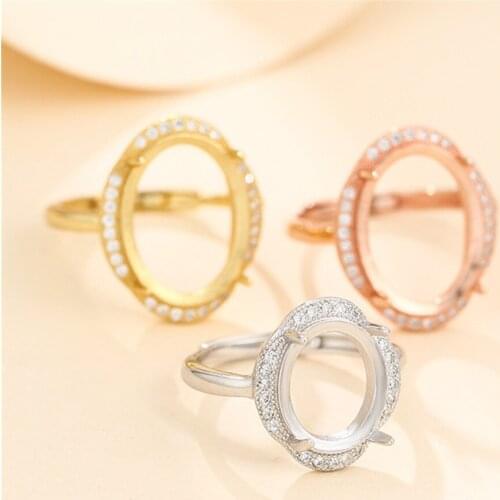Ring Blank for 6x8mm/7x9mm/8x10mm/10x12mm/12x16mm/15x20mm Oval Cabochons Ring Setting Gold Plated 925 Silver Zircon Adjustable