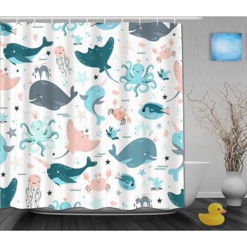 Shower Curtain Summer Aquarium Star Cute Beach Fish Kawaii Baby Set Crab Whale Narwhal Ocean Slope Starfish Frame Polyester