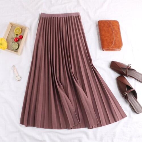 Womens New Spring Autumn A Line Pleated Long Skirt Casual High Waist Solid Skirts Elegant Office Work Wear Skirt Female