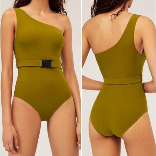 Womens Solid Color One Shoulder Low Chest Belt Belt Sexy Triple-Cornered One-Piece Swimsuit Green