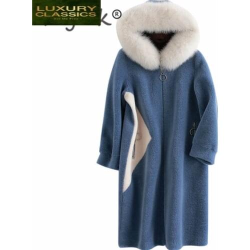 Female Coat Real Fur Winter Sheep Shearing Jacket + Large Fox Fur Hooded Koran Real Wool Coat Thick Waem Jacket B18F23407