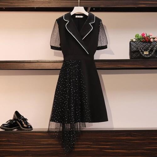 Plus size Summer women black vintage vintage dress elegant vintage mesh short sleeve casual pleated dress women vestidos