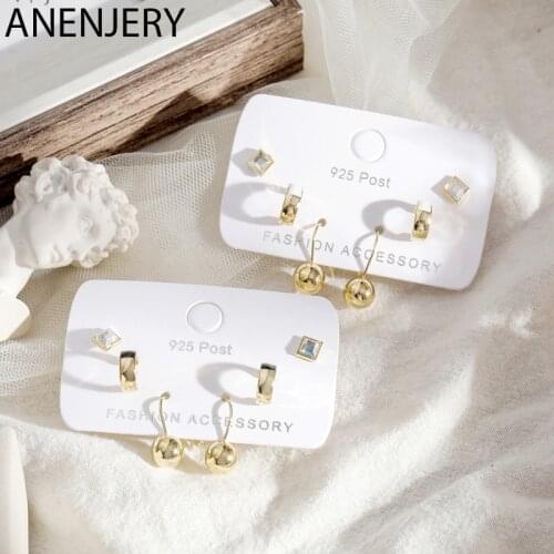ANENJERY 6-piece Korean Cute Round Ball Earrings Mixed Styles C-shape Geometric Stud Earrings Set For Women Girl Jewelry S-E1229