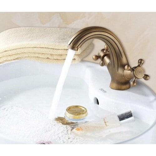 Antique Brass Single Hole Deck Mounted Dual Cross Handles Bathroom Vessel Basin Sink Faucet Mixer Water Taps mnf026