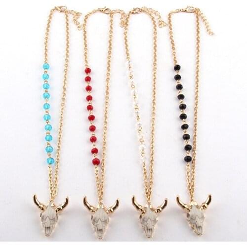 Free Shipping Fashion Bohemian Jewelry Crystal and Chain Mini Horn Pendant Necklaces Women Ethnic Necklace