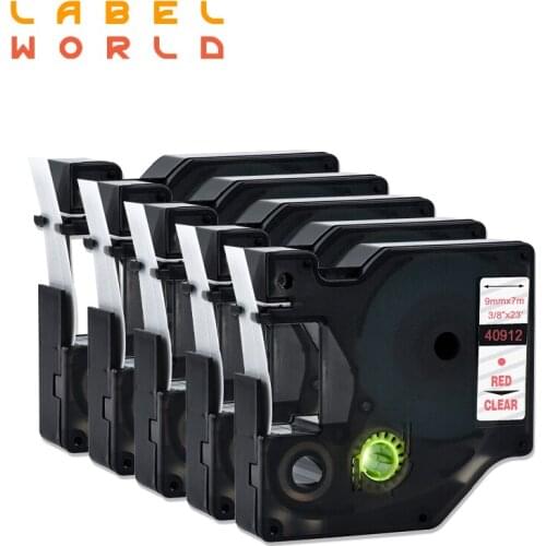 Label World 40912 label tape red on clear ribbon Compatible for Dymo D1 printer 40912 9mm label tape 5PACK