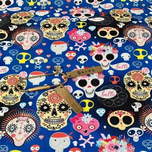 Cartoon Skull Flowers Print Blue 100% Cotton Fabric for Girl Clothes Hometextile Cushion Cover Curtain DIY