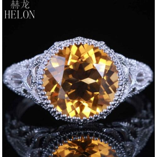 HELON Solid 14K White Gold Flawless Round 10mm Genuine Citrine Engagement Ring Women Wedding Anniversary Vintage Unique Jewelry