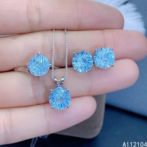 KJJEAXCMY fine jewelry 925 sterling silver natural Sky blue topaz women fashion simple round earrings ring pendant suit support