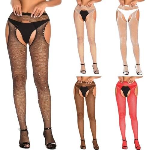 Women Sexy Rhinestone Stocking Shiny High Waist Fishnet Tights See Through Hollow Out Crystal Pantyhose Mesh Bodystocking